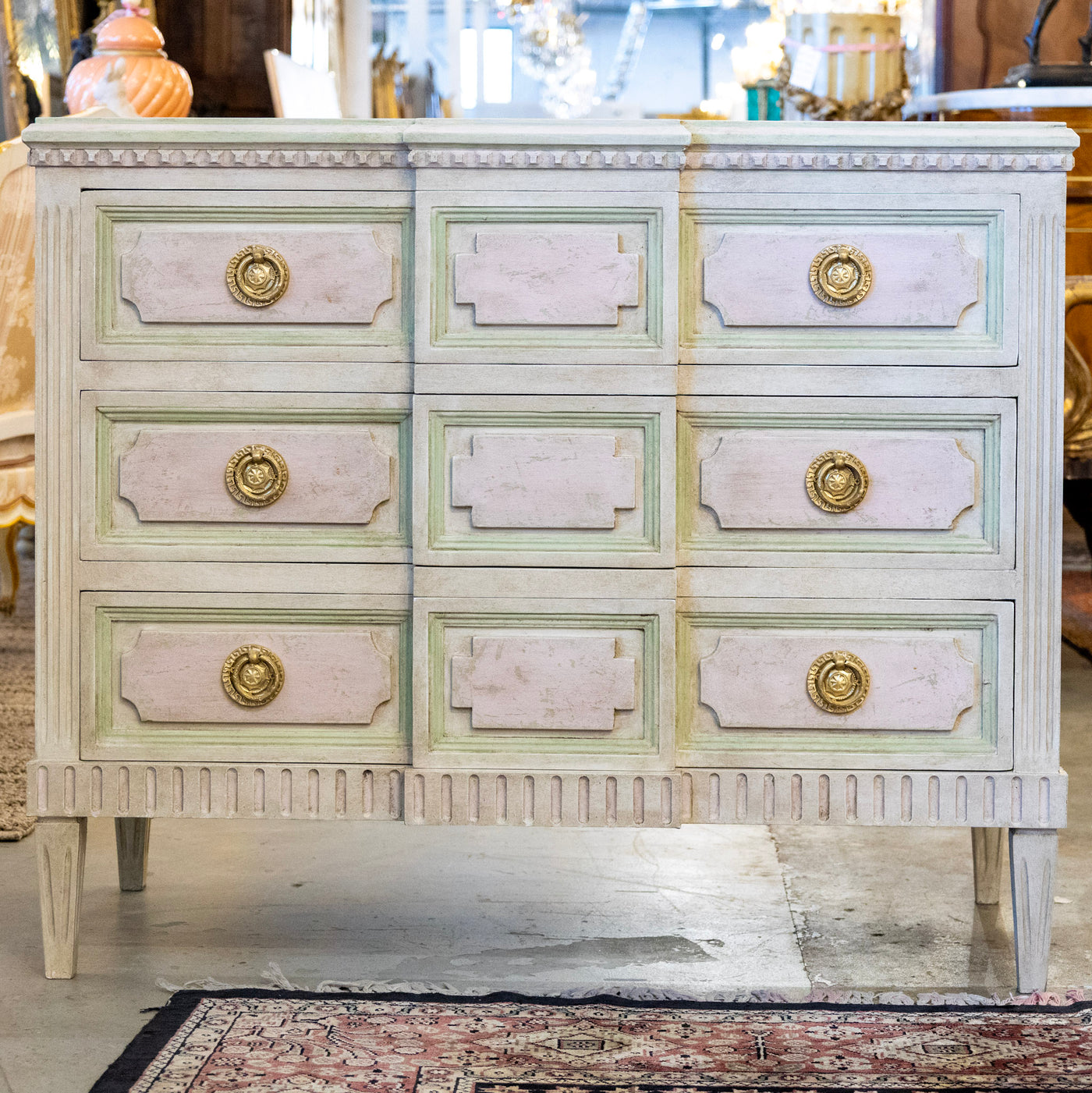 Swedish 3-Drawer Chest Beveled Drawers & Distressed Pink-Green Finis Le Chateau Swedish 3-Drawer Chest Beveled Drawers & Distressed Pink-Green Finis Le Chateau