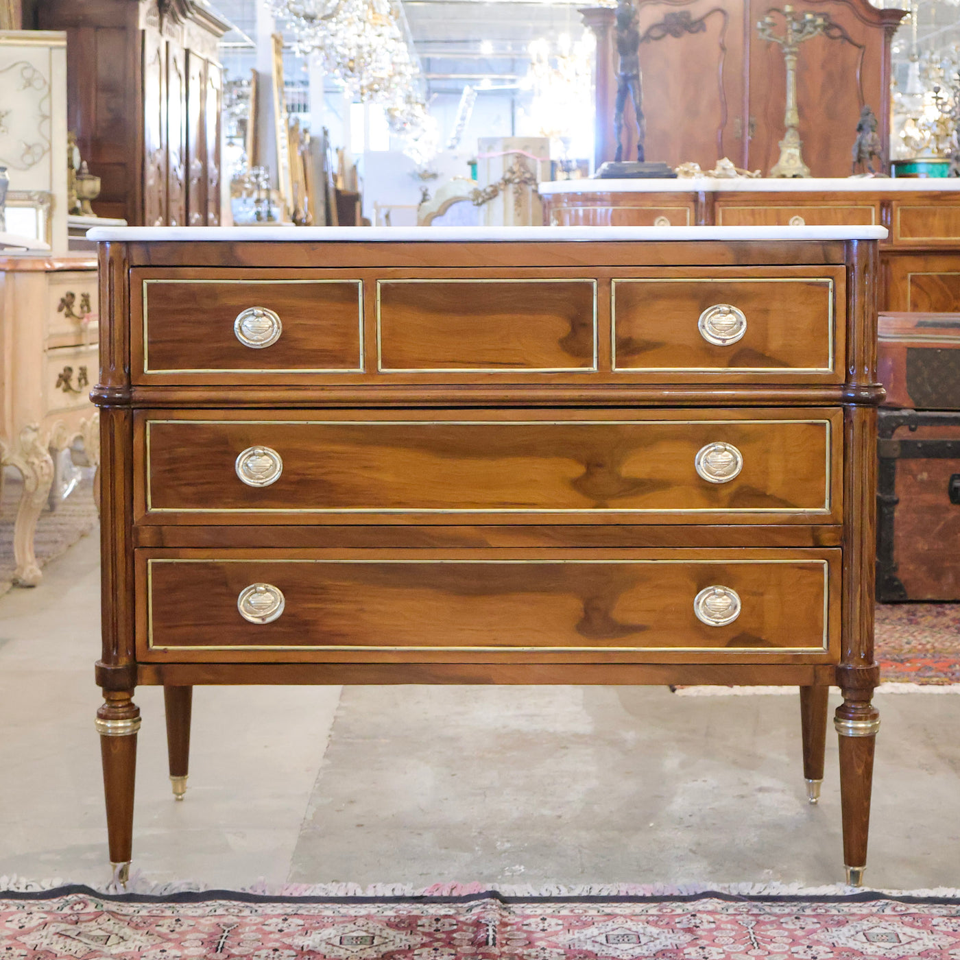 Louis XVI Burl Wood Chest with White Marble Top, Brass Ring Pulls & Tapered Brass Legs