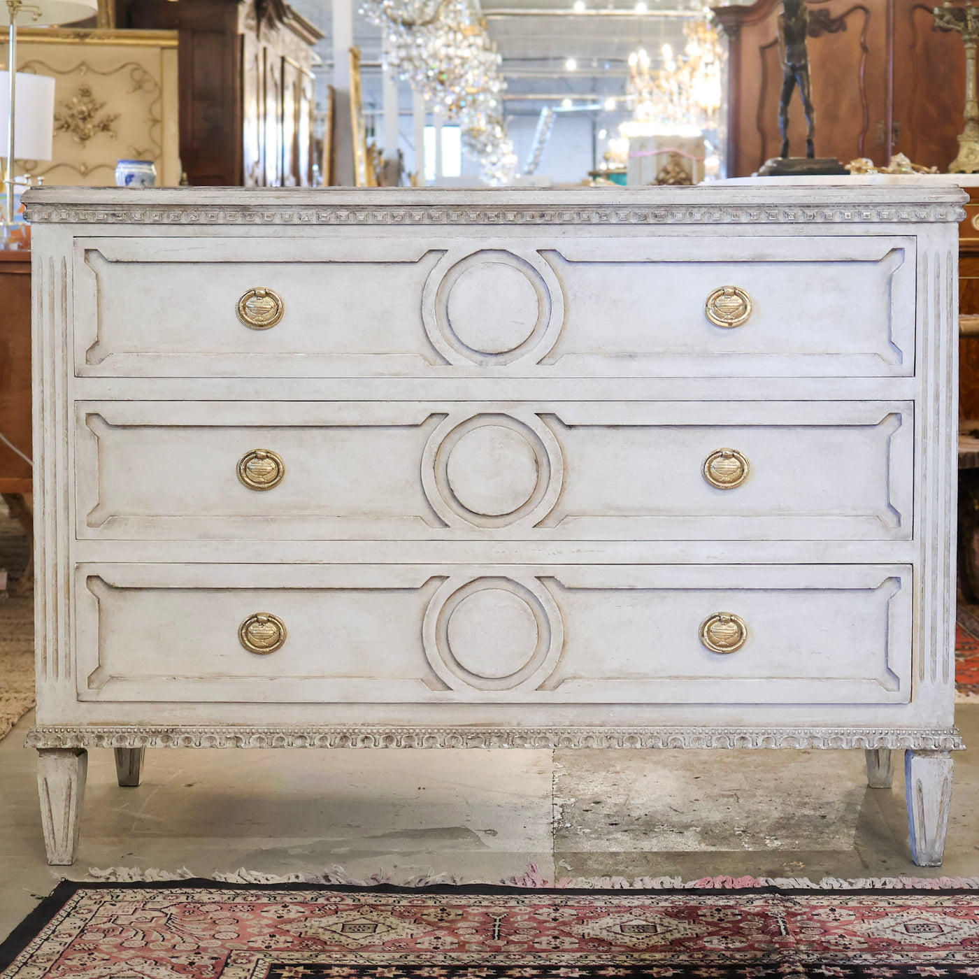 Swedish 3-Drawer Dresser – Open Trim Circular Detail & Large Brass Pulls in Textured Grey