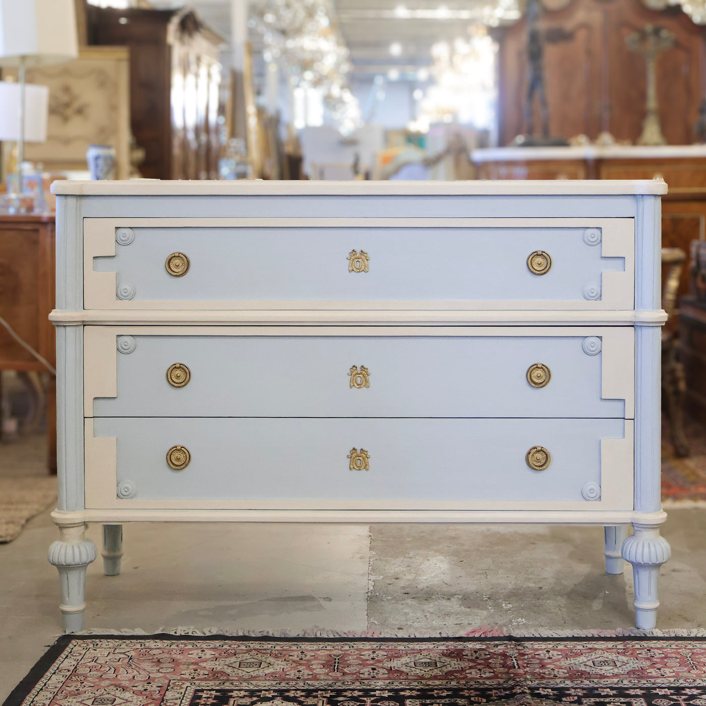 Swedish Blue 3-Drawer Dresser – Large Brass Pulls & Ballerina Legs