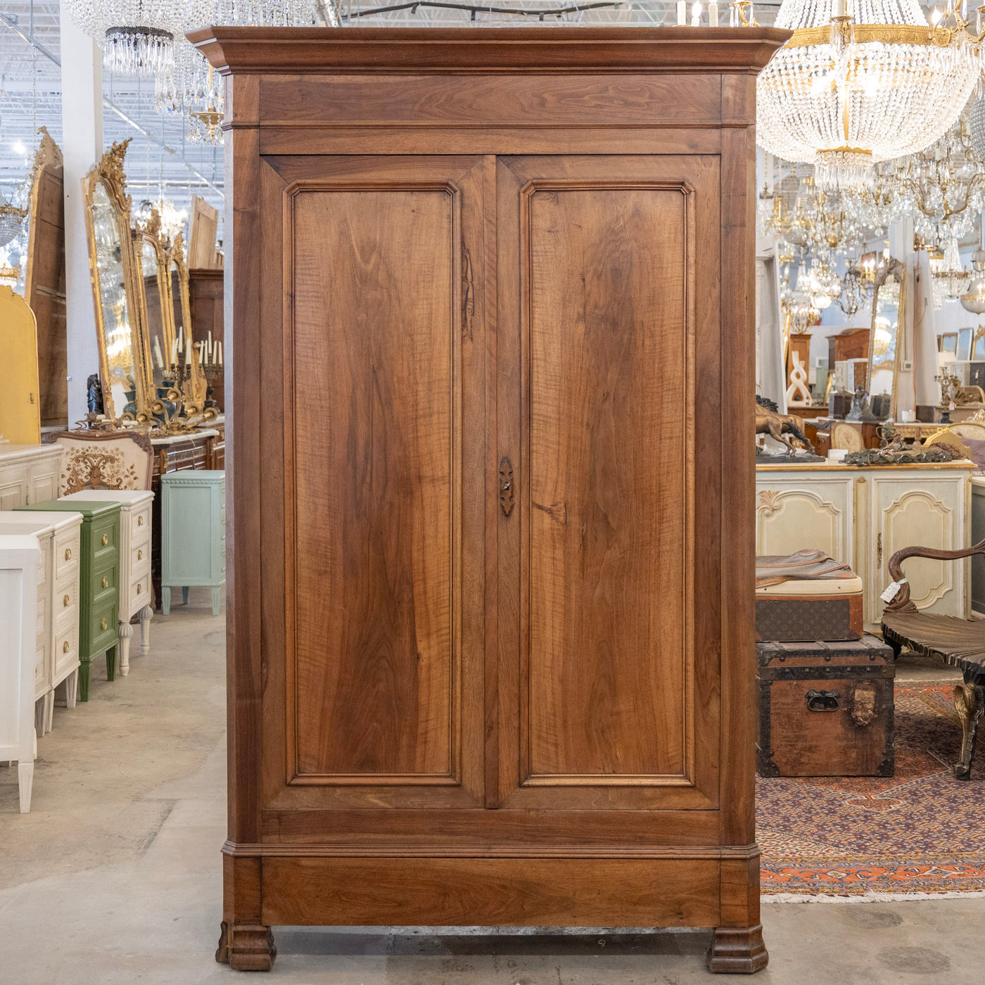 Louis Philippe Walnut Armoire – Original Red Fabric Interior with Shelves & Lower Drawer