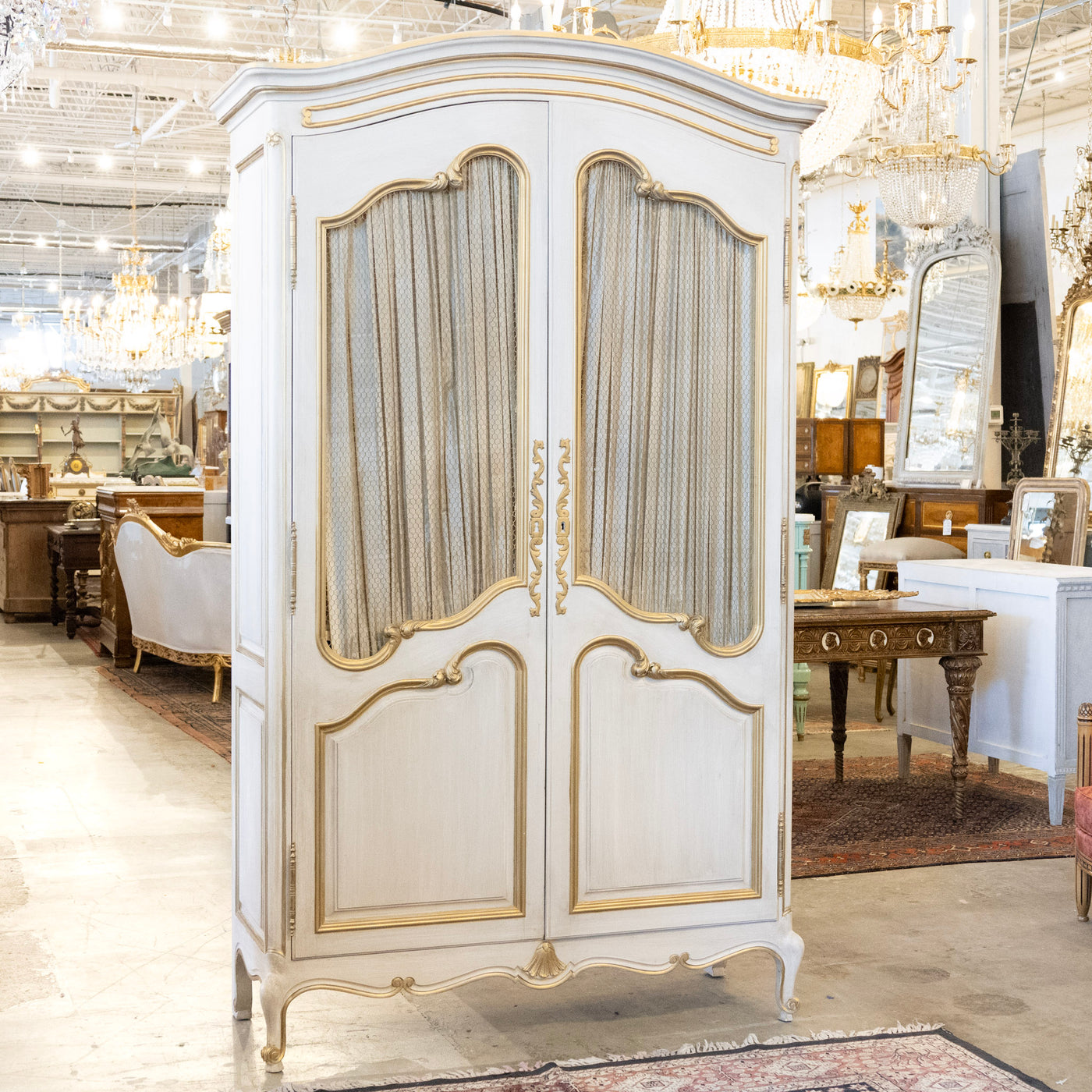 Louis XV Armoire – White Distressed Finish with Gold Trim and Fabric P ...