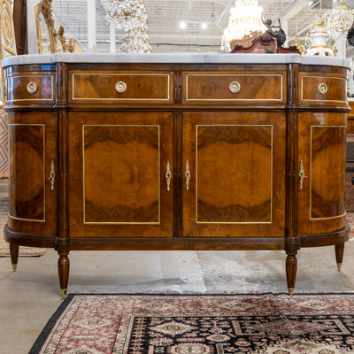 Louis XVI Demilune Sideboard – Burl Wood with Marble Top and Gold Accents