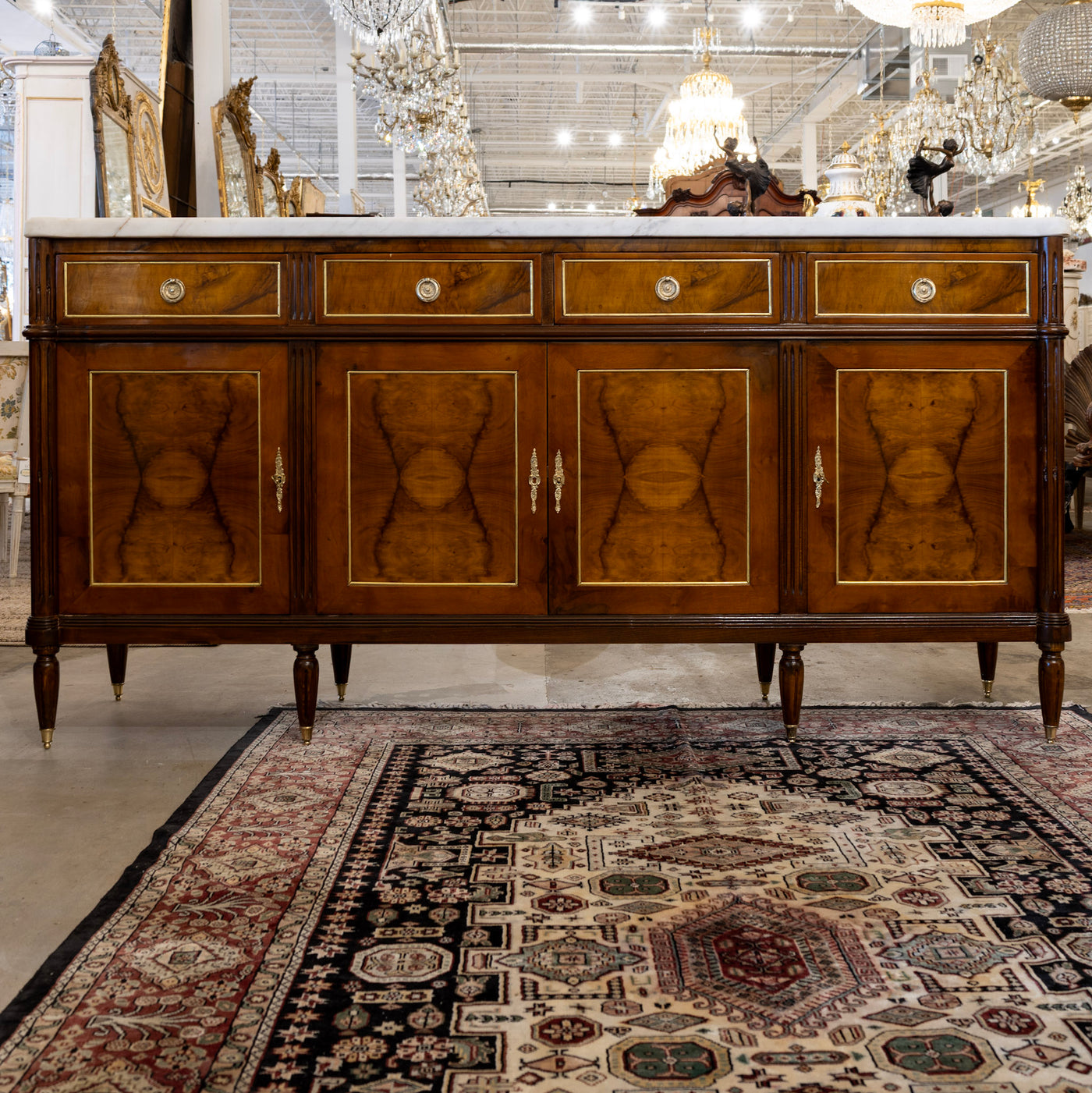 Louis XVI Square Sideboard – Burl Wood & White Marble Top and Gold Trim