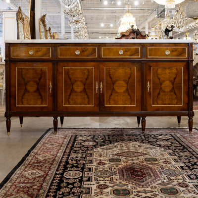 Louis XVI Square Sideboard – Burl Wood & White Marble Top and Gold Trim