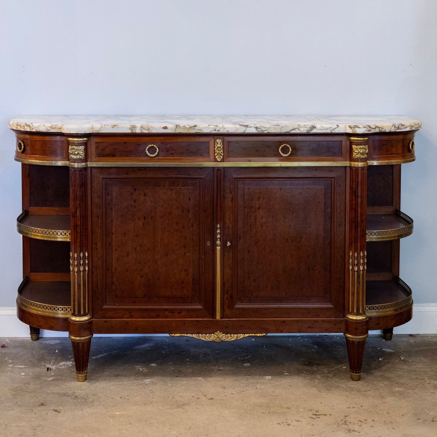 Louis XVI Burl Walnut Demilune Sideboard – Calacatta Vagli Oro Marble Top & Bronze Ormolu
