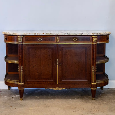 Louis XVI Burl Walnut Demilune Sideboard – Calacatta Vagli Oro Marble Top & Bronze Ormolu