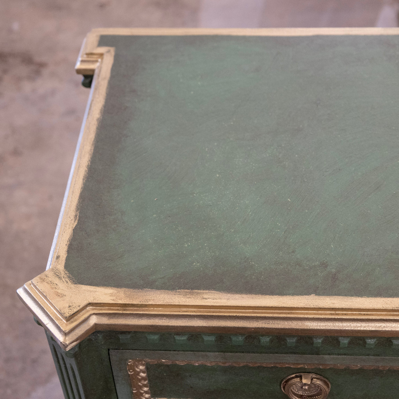 Swedish Painted Ten Drawer Sideboard – Green with Gold Diamond Panels & Trim