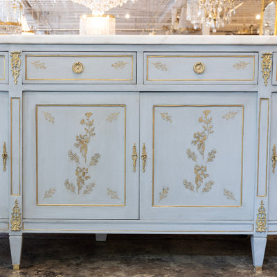 Louis XVI Blue Hand Painted Sideboard – Gilded Floral Detailing & White Marble Top