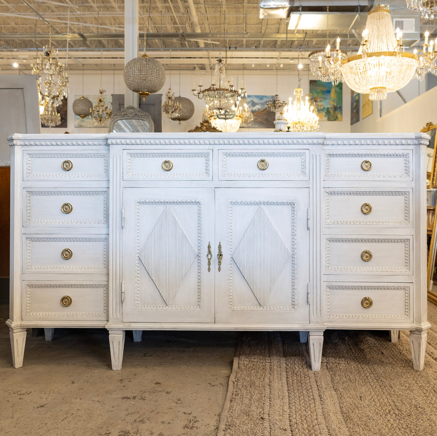 Swedish Diamond Front Buffet – Reeded Trim in Antique White