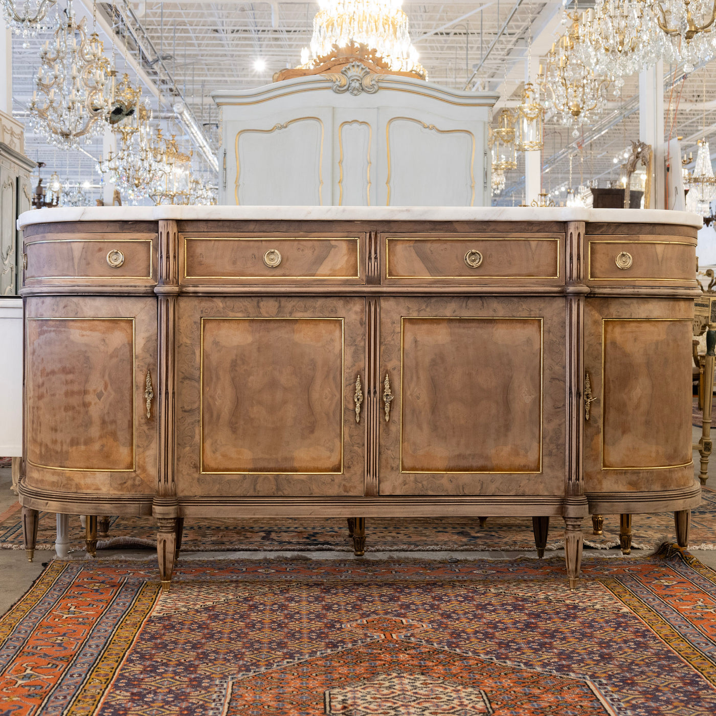 Louis XVI Demilune Sideboard – Stripped Burl Wood with White Marble Top