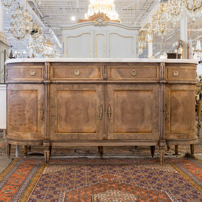 Louis XVI Demilune Sideboard – Stripped Burl Wood with White Marble Top