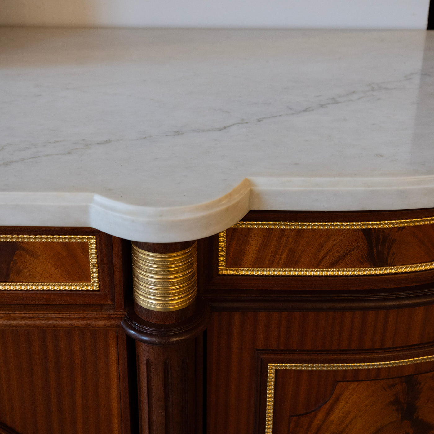 Louis XVI Burl Wood Demilune Sideboard – Gilded Bronze Accents & White Marble Top