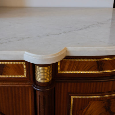 Louis XVI Burl Wood Demilune Sideboard – Gilded Bronze Accents & White Marble Top