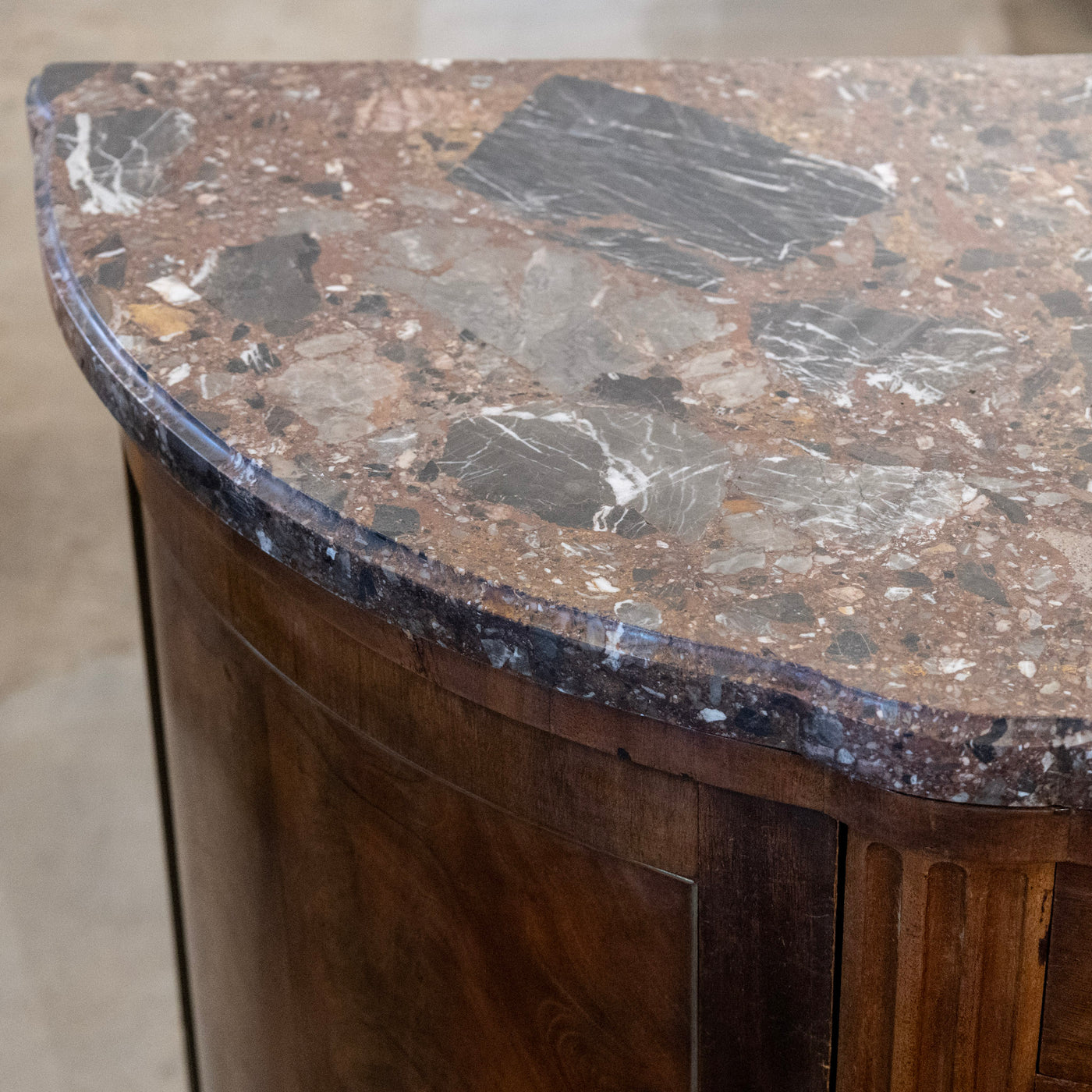 Louis XVI Wood Demilune Sideboard– Reeded Doors & Breccia Marble Top