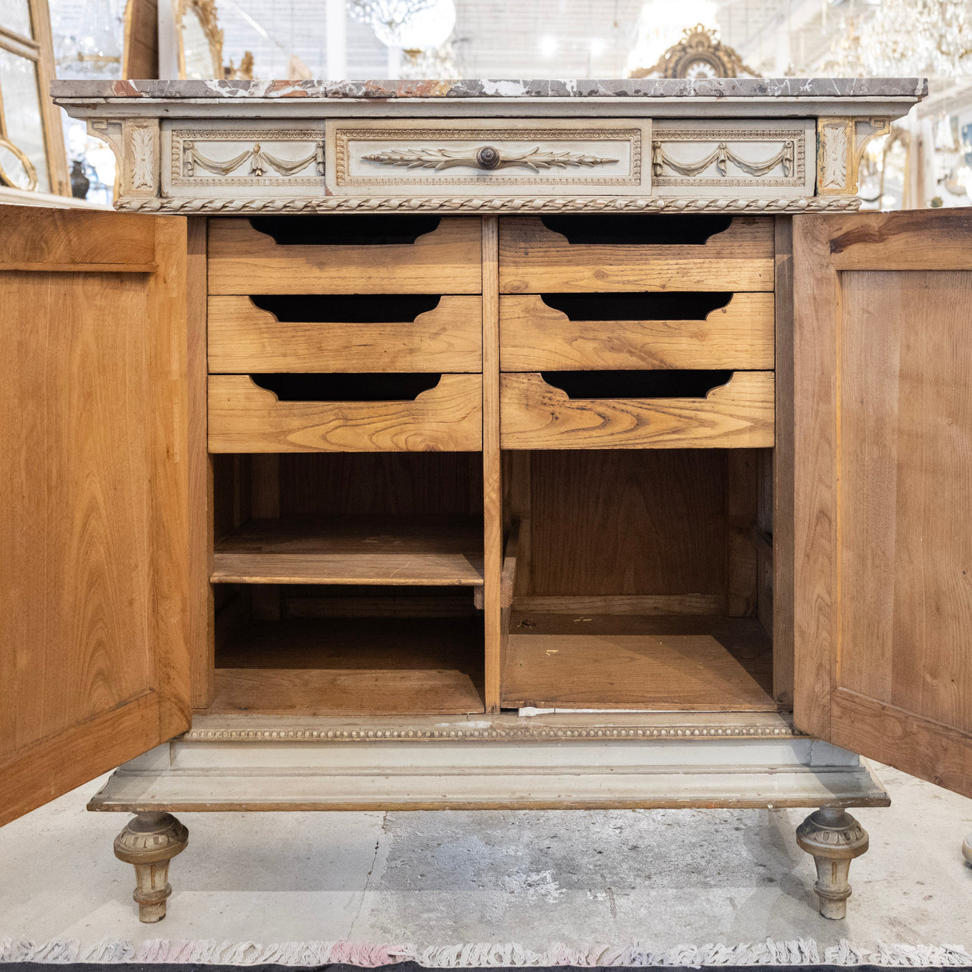 Louis XVI Sage Green Gilded Sideboard – Musical Ribbon Carvings & Breccia Marble Top