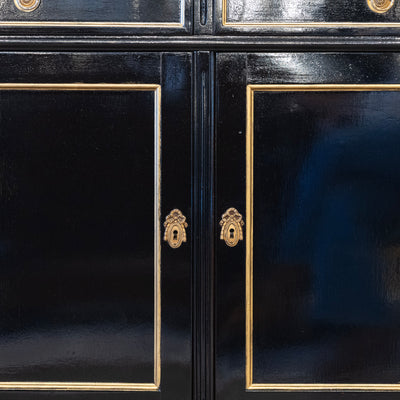 Louis XVI Black Lacquer Sideboard – Gold Inaly & White Marble Top