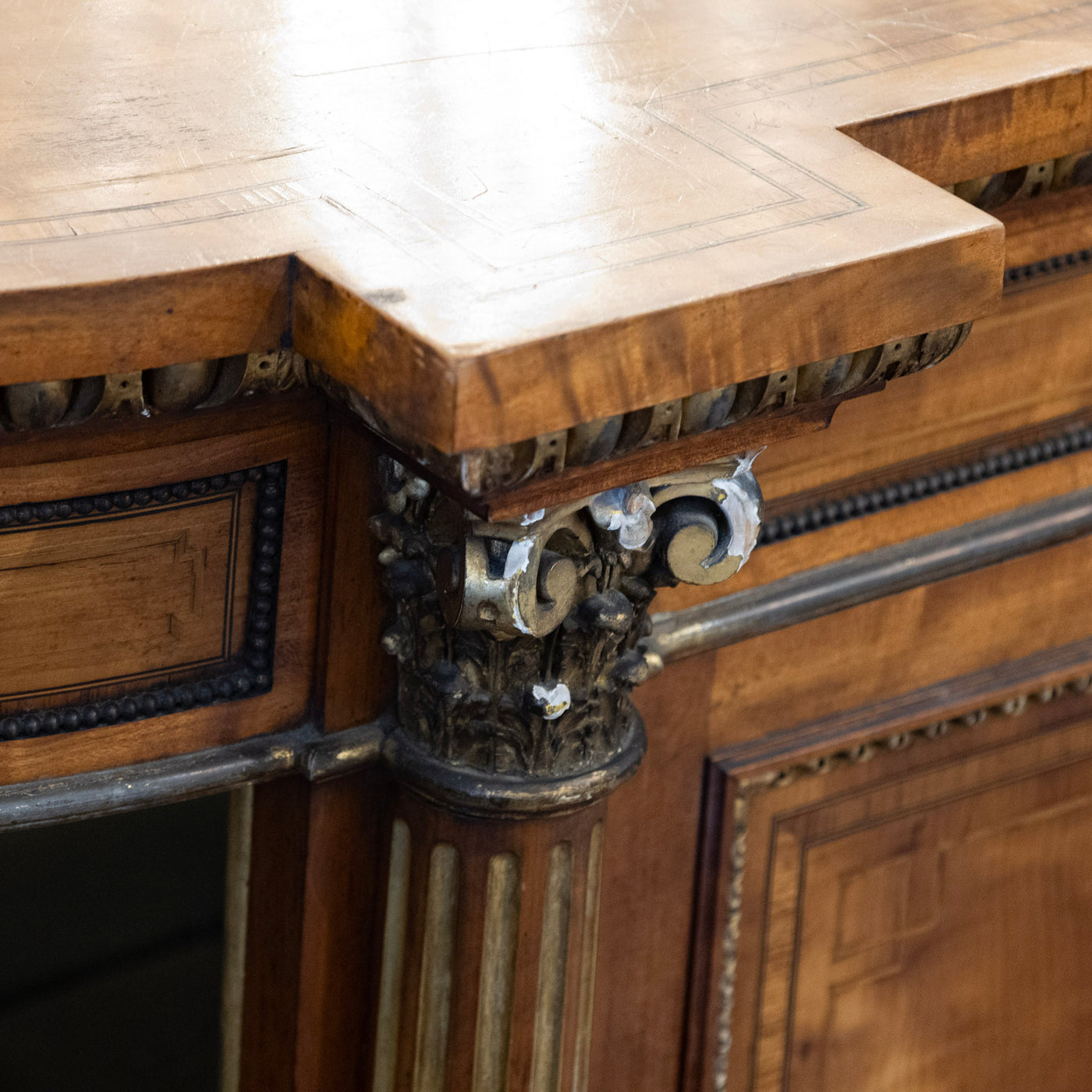 French Empire Demilune Sideboard – Neoclassical Medallions & Curved Mirror Shelves