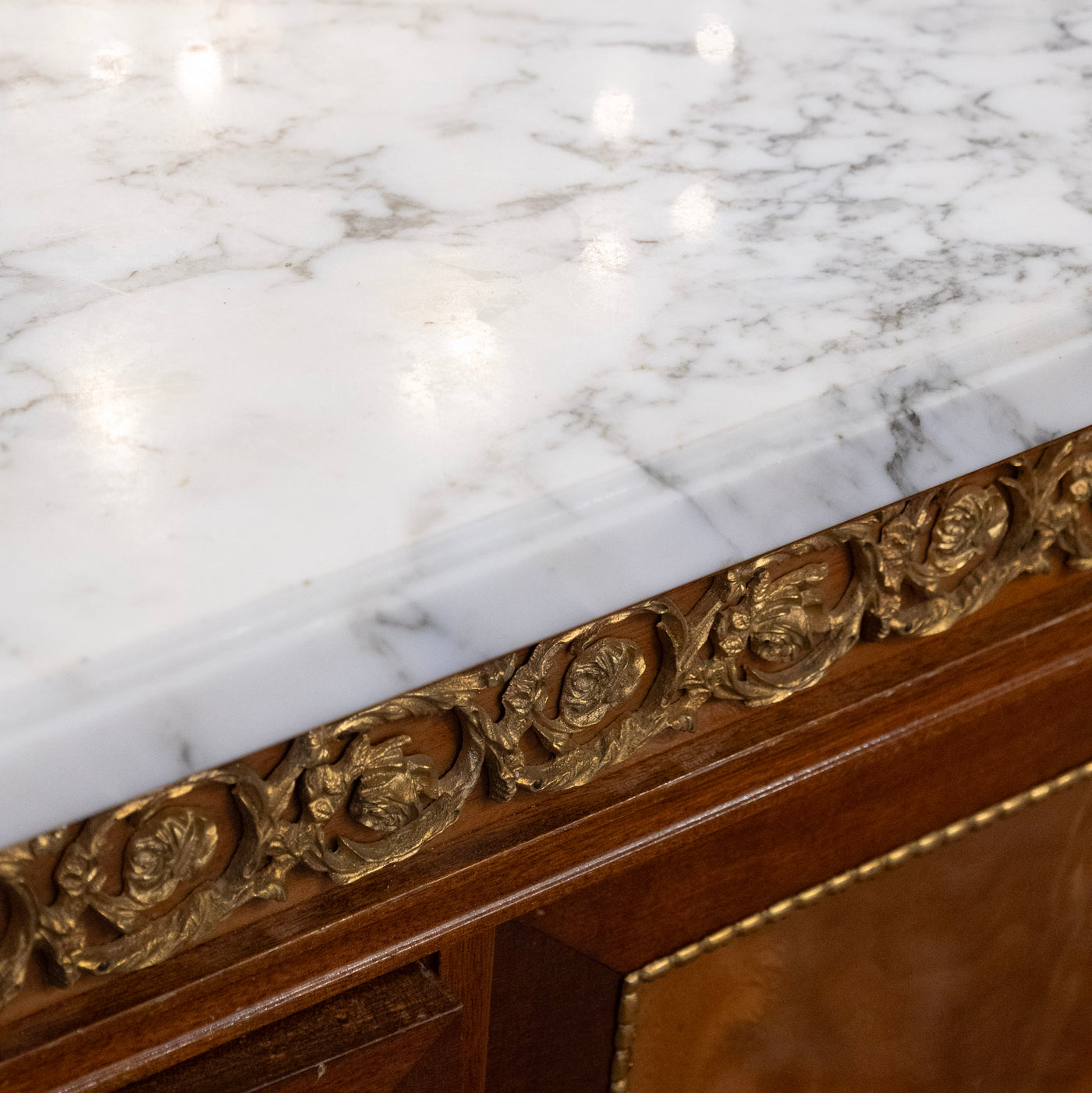 Louis XVI Mahogany Demilune Sideboard – Bronze Laurel Trim & White Marble Top