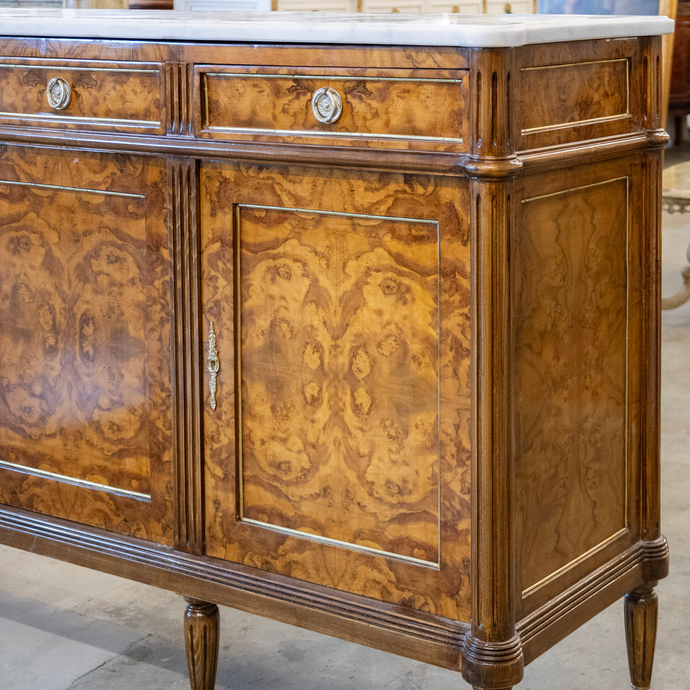 Louis XVI Burl Wood Sideboard with Brass Hardware & White Marble Top