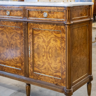Louis XVI Burl Wood Sideboard with Brass Hardware & White Marble Top