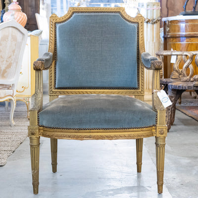 Louis XVI Captain Chair in Blue – Gilded Frame & Original Patina