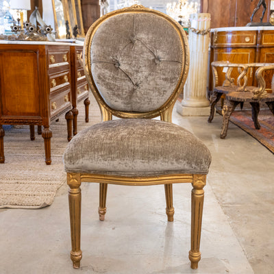 Louis XVI Round Dining Chair – Gold Frame & Green Velvet and Floral Upholstery