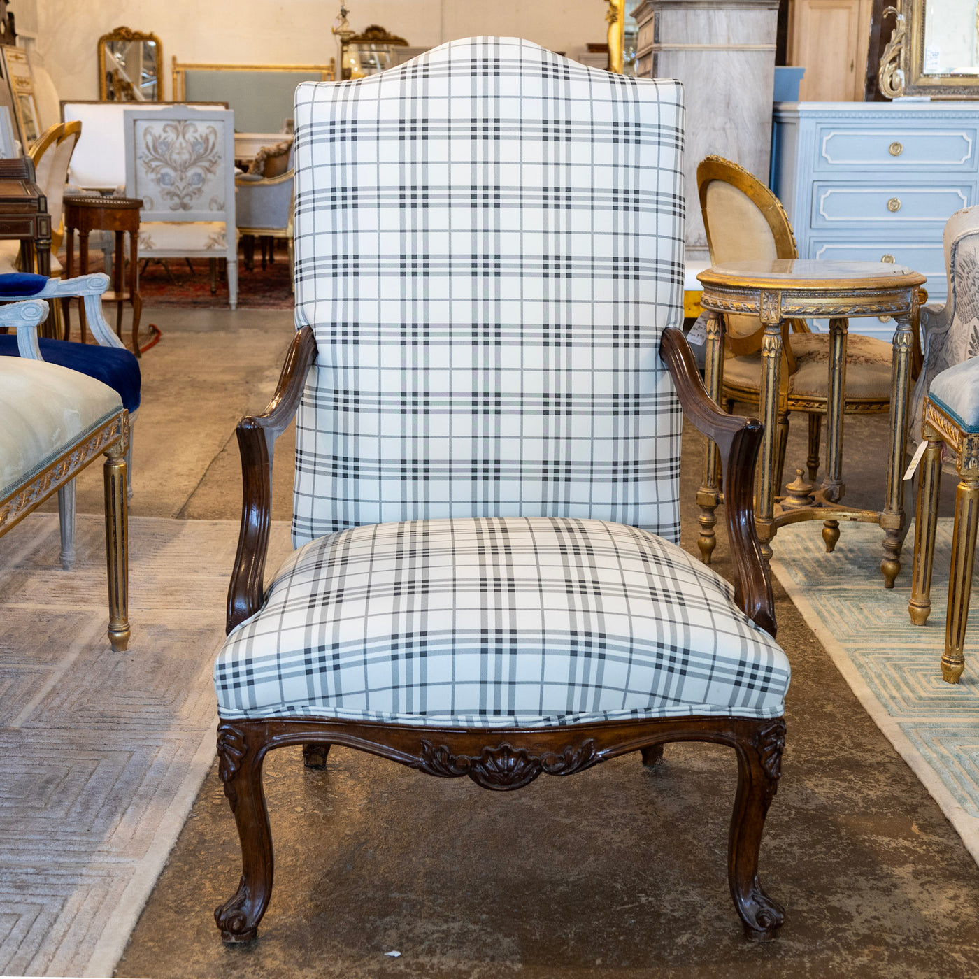Louis XV Armchair – Walnut Frame & Black Plaid Upholstery