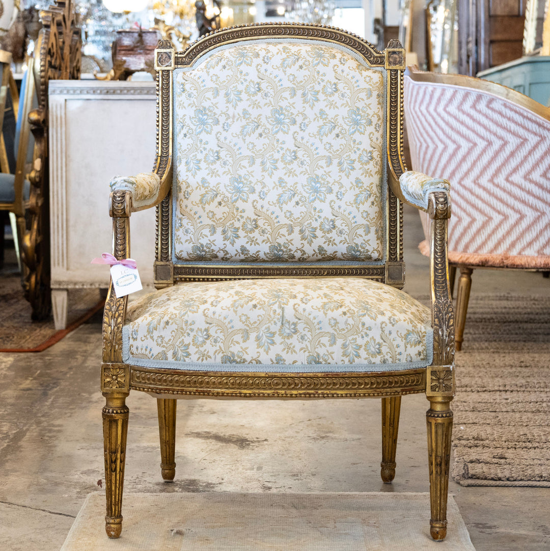 Louis XVI Armchair – Gilded Wood Frame & Blue Floral Upholstery in