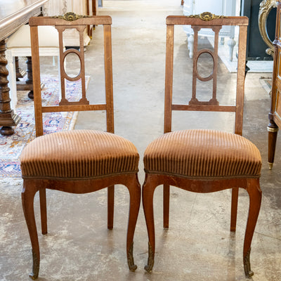Pair of Louis XVI Brown Accent Chairs – Open Back & Bronze Ormulu