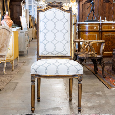 Louis XVI Dining Chair in White – Gilded Frame & Grey Trellis Upholstery