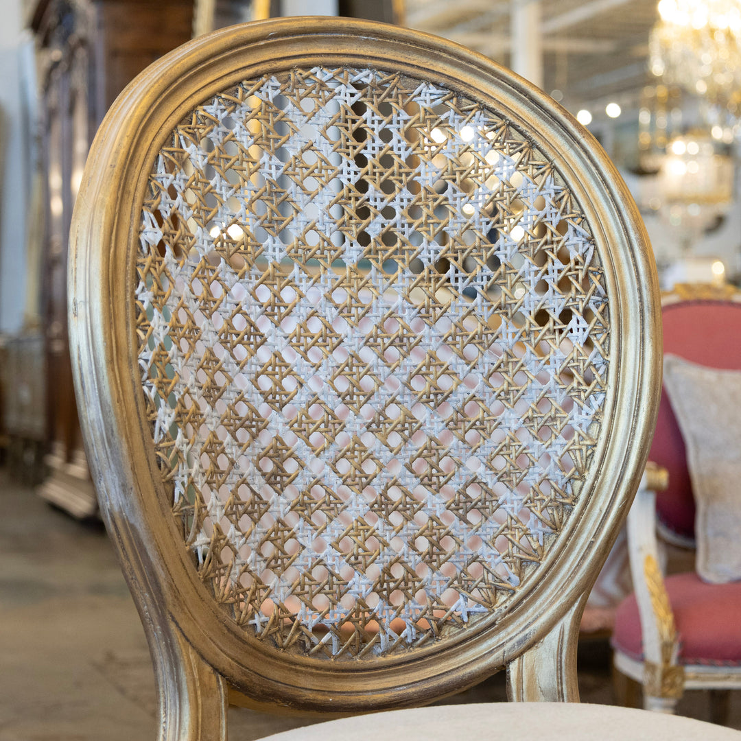 Louis XVI Round Dining Chair – Round Cane Back Cream Linen