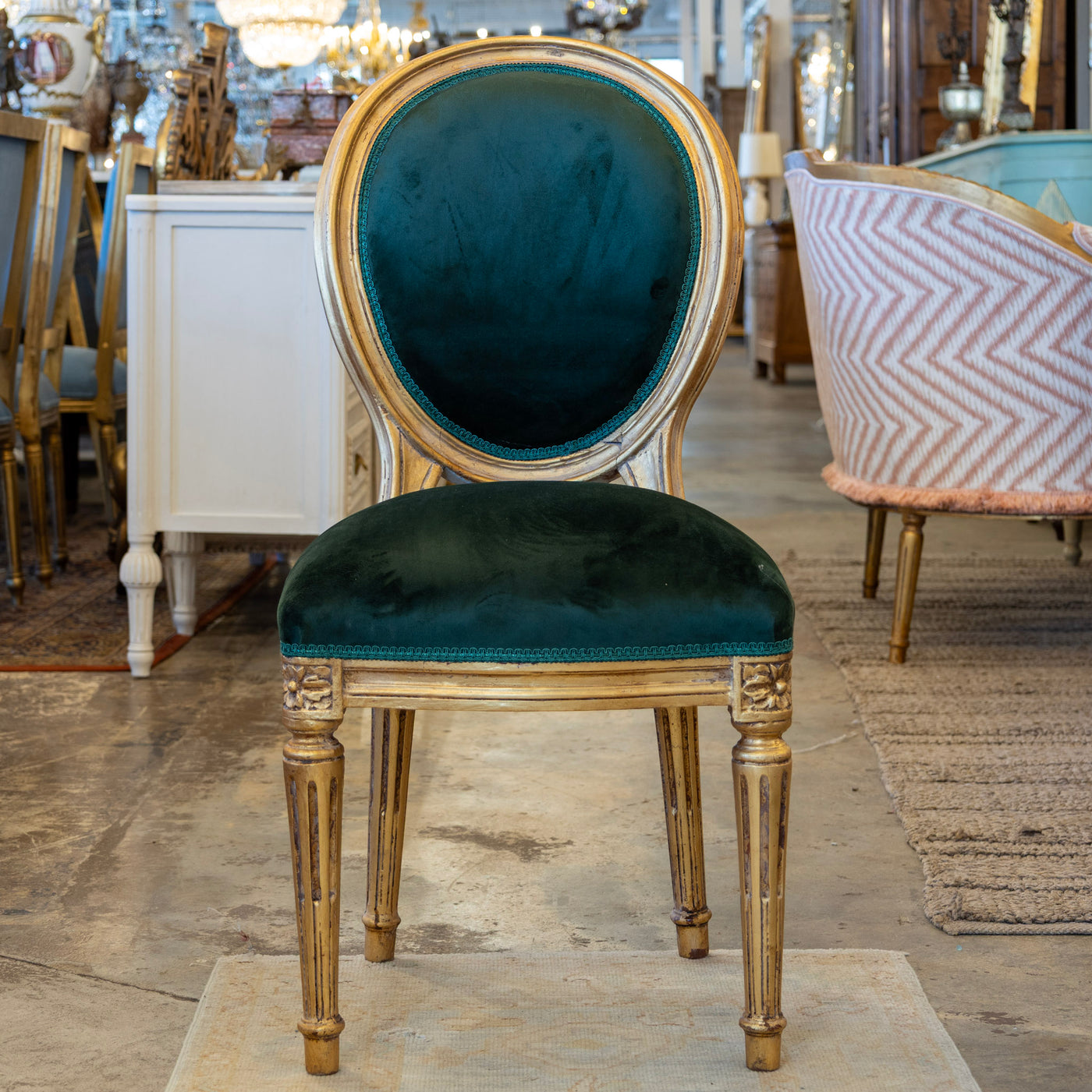 Louis XVI Dining Chair – Gilded Frame & Dark Green Velvet Upholstery