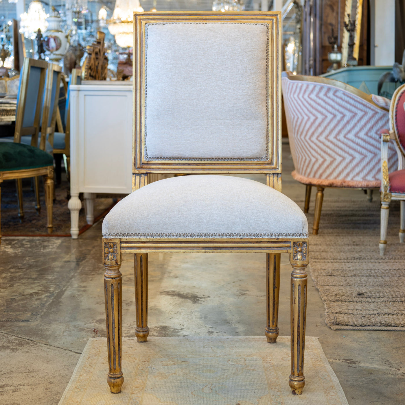 Louis XVI Square Dining Chair – Gilded Frame & White Linen Upholstery