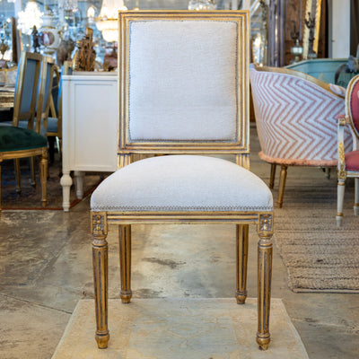 Louis XVI Square Dining Chair – Gilded Frame & White Linen Upholstery