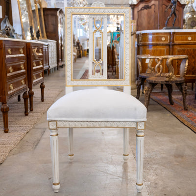 Swedish White & Gold Dining Chair – Carved Open Back & White Linen Upholstery