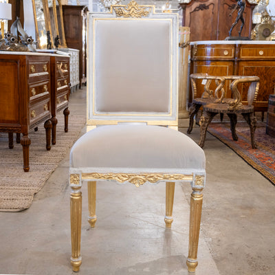 Louis XVI Dining Chair – White and Gold Detailing & Grey Velvet Upholstery