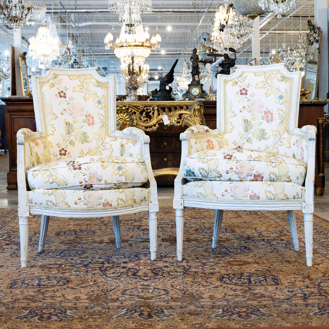 Pair of Louis XVI White Bergère Chair –Carved Frame & Original Floral Upholstery