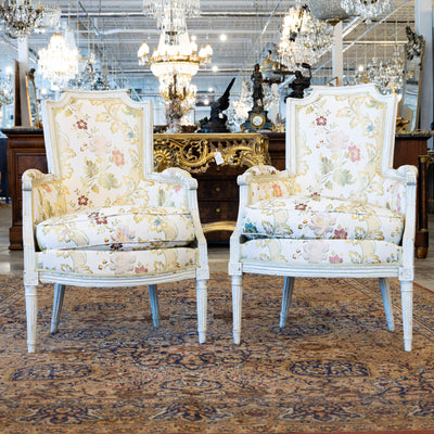 Pair of Louis XVI White Bergère Chair –Carved Frame & Original Floral Upholstery