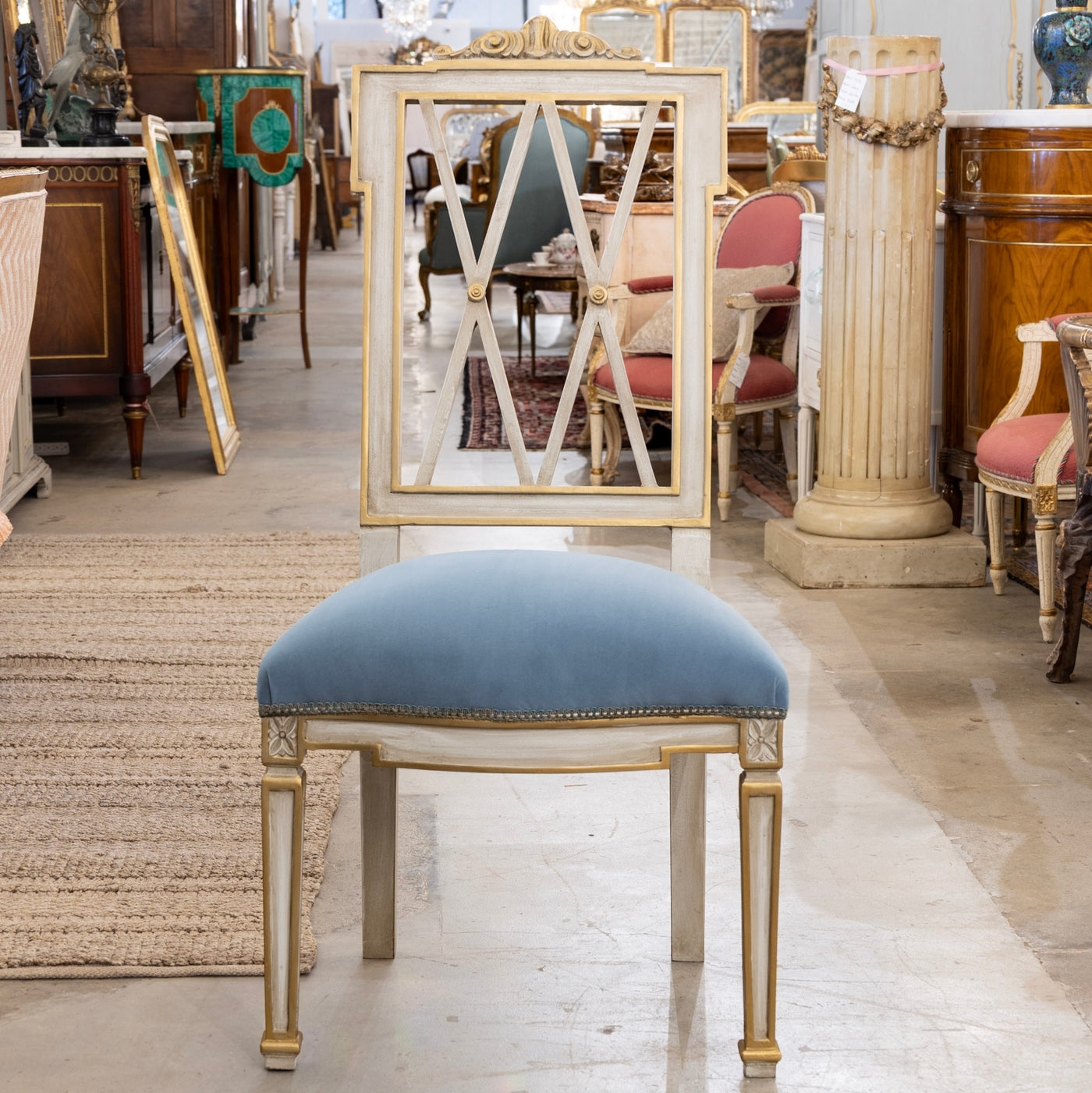 Louis XVI Dining Chair – Carved Open Back & Blue Velvet