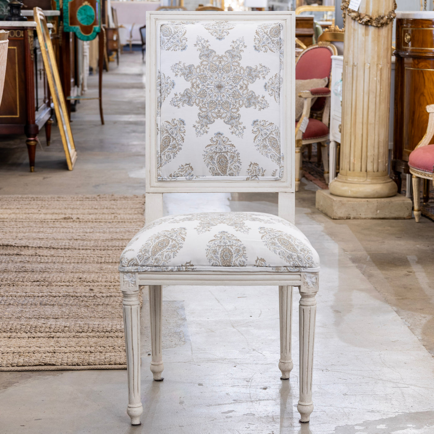 Louis XVI Dining Chair – White Frame & Paisley Upholstery