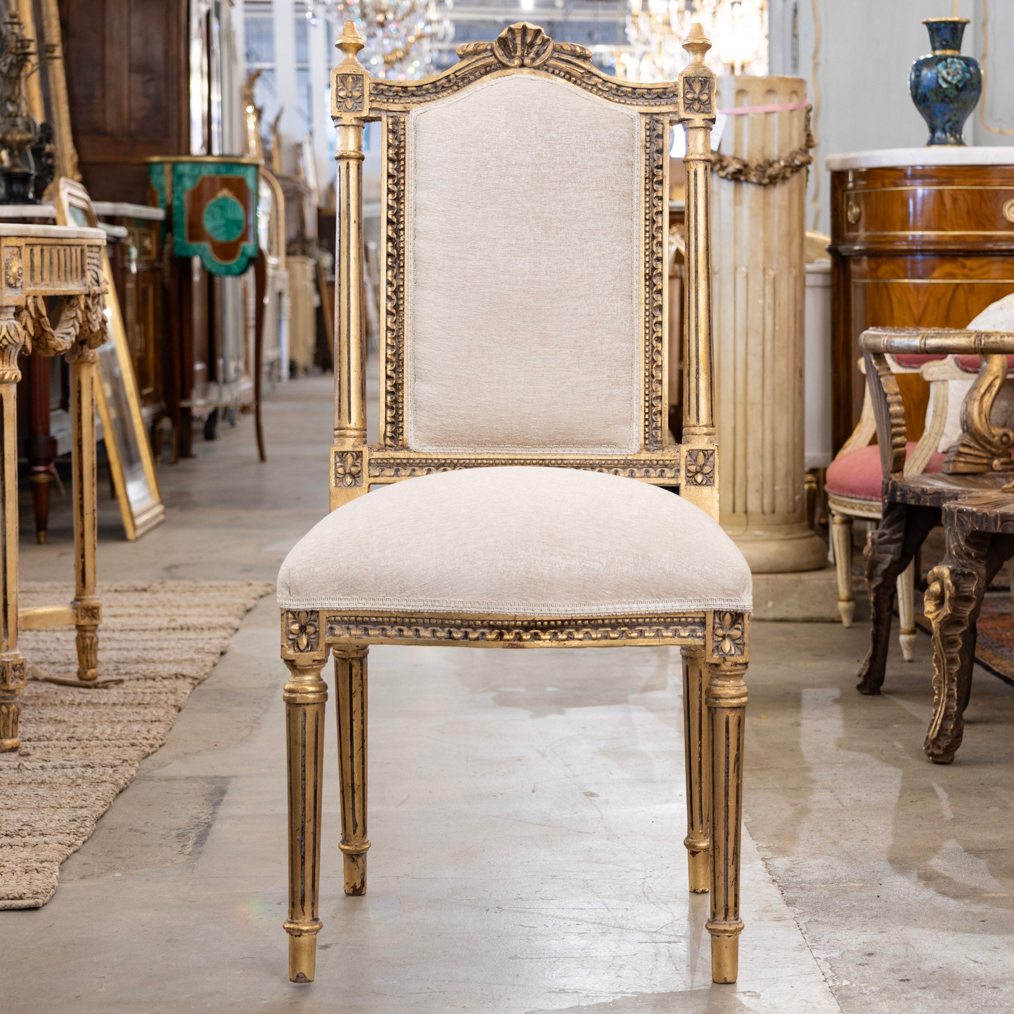 Louis XVI Gilded Square Dining Chair – Shell Crest & White Linen Uphol ...