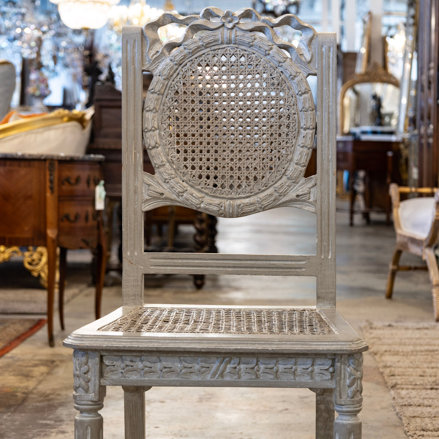 Swedish Dining Chair – Cane Back with Bow Carving in French Grey