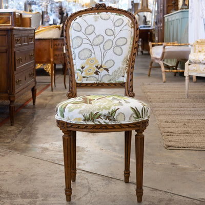 Pair of Louis XVI Side Chairs – Carved Brown Frame & Floral and Green Velvet Upholstery