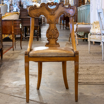 Biedermeier Dining Chair – Carved Scroll Back & Original Leather Seat