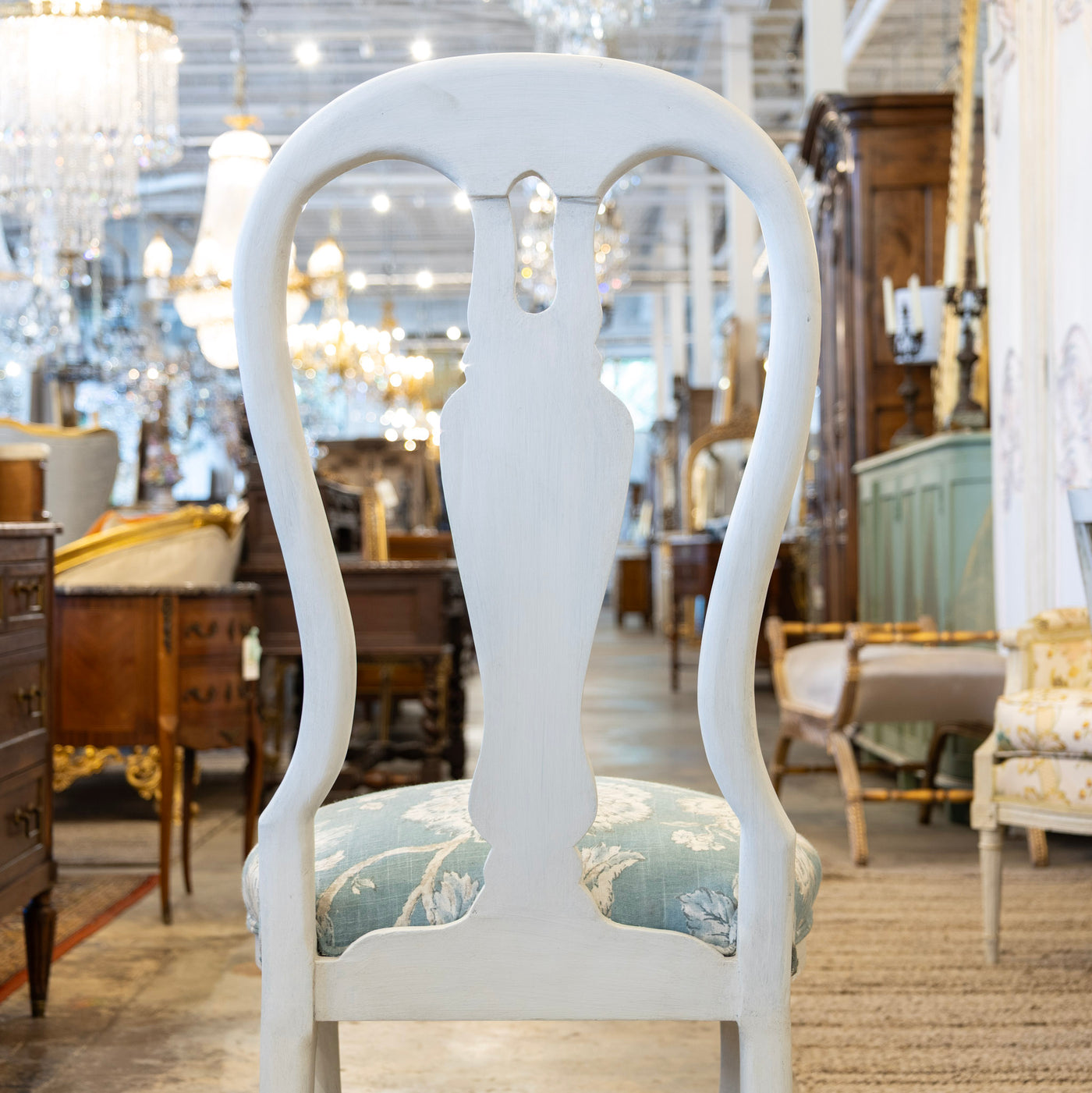 Swedish Dining Chair – Dove White with Blue Floral Upholstery