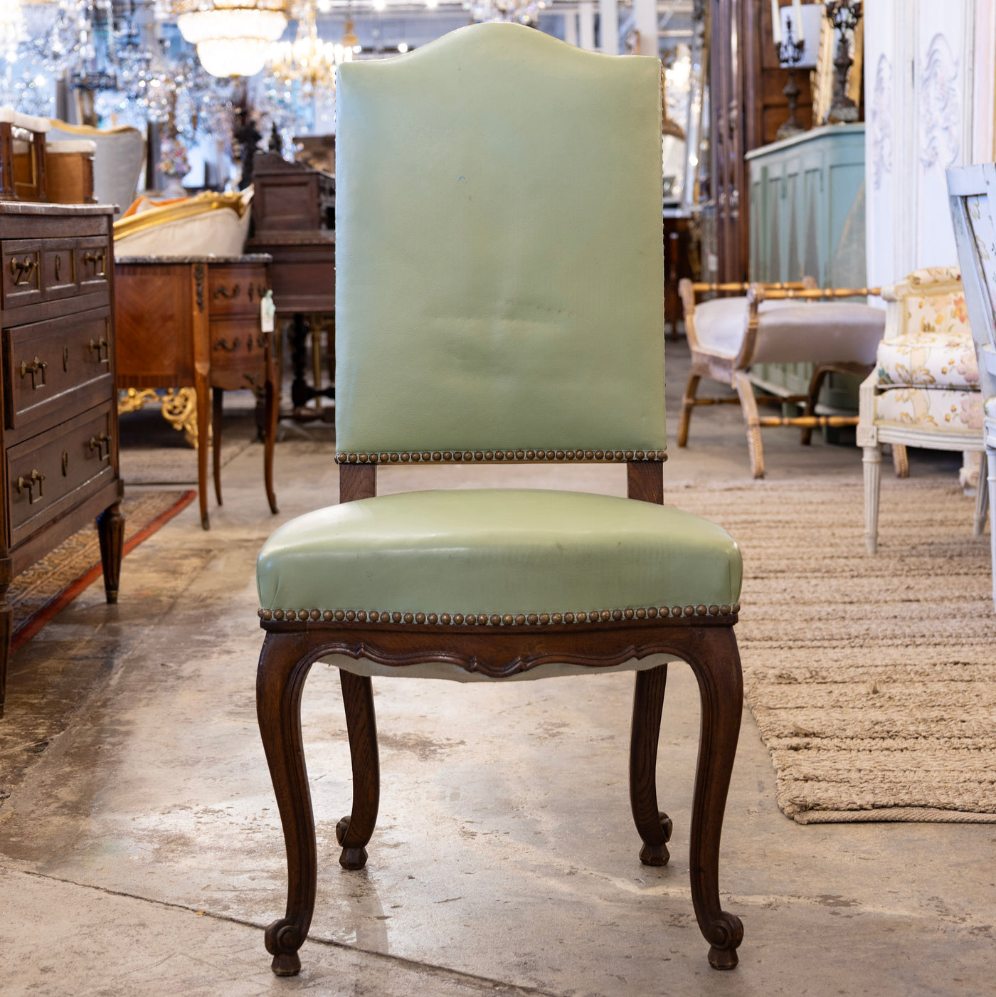 Louis XV Dining Chair – Original Green Leather Upholstery