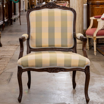 Pair of Louis XV Carved Armchairs – Brown Frame with Green and Yellow Checked Upholstery