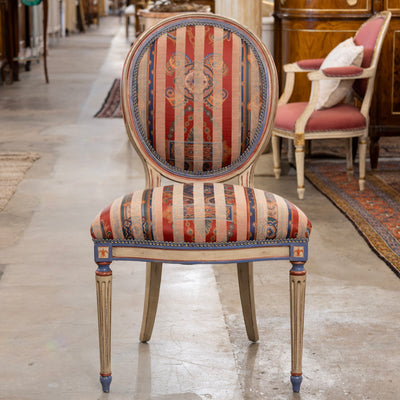 Pair of Louis XVI Accent Chairs – Blue and Red Painted Frames with Striped Upholstery