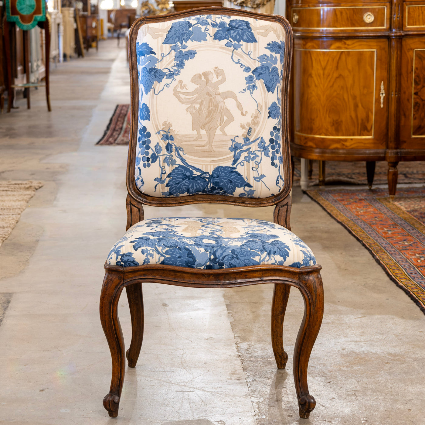 Pair of Louis XV Accent Chairs – Brown Frame with Blue & Cream Mythological Upholstery